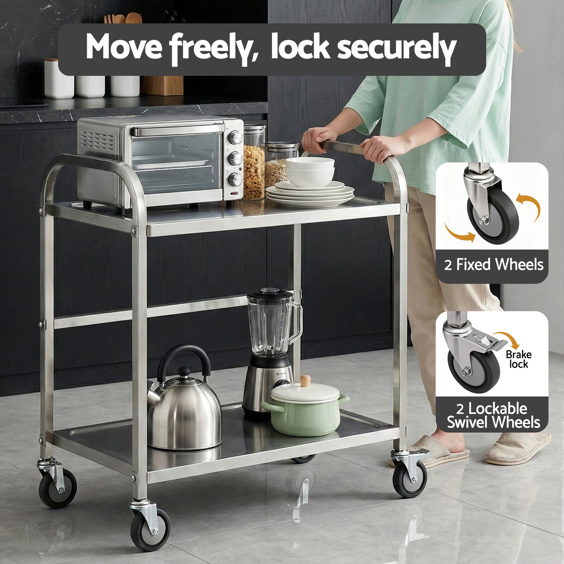 Cefito 2-Tier Stainless Steel Kitchen Trolley with Wheels 84x56x98cm Awezingly