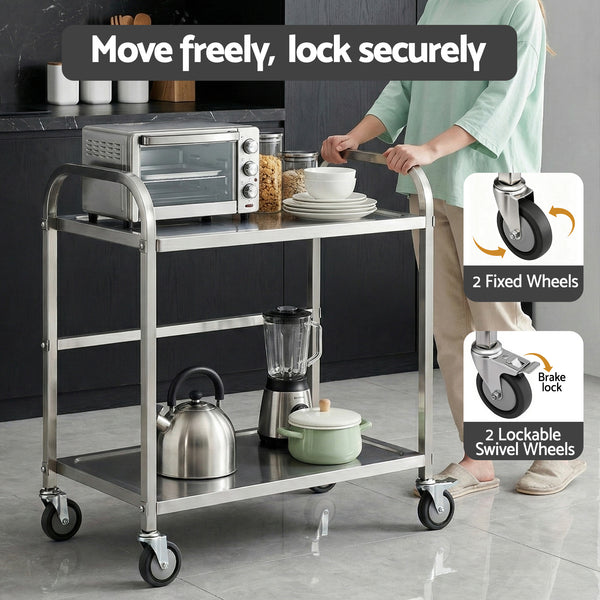 Cefito 2-Tier Stainless Steel Kitchen Trolley with Wheels 84x56x98cm Awezingly