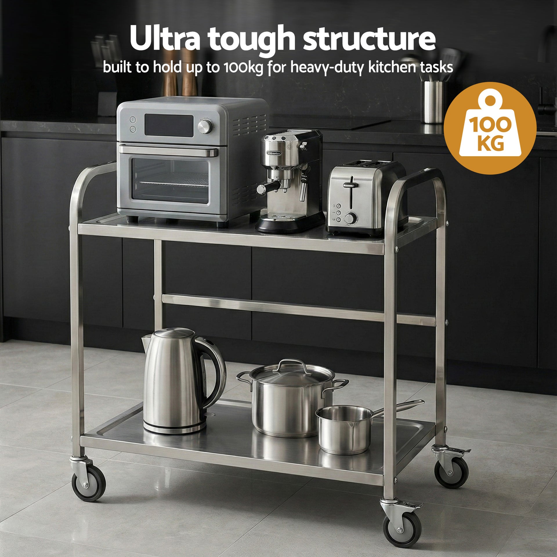 Cefito 2-Tier Stainless Steel Kitchen Trolley with Wheels 84x56x98cm Awezingly