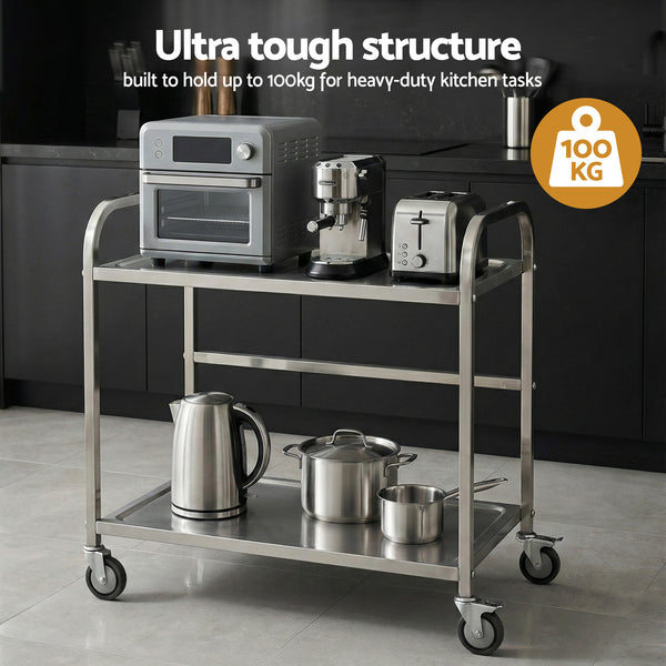 Cefito 2-Tier Stainless Steel Kitchen Trolley with Wheels 84x56x98cm Awezingly
