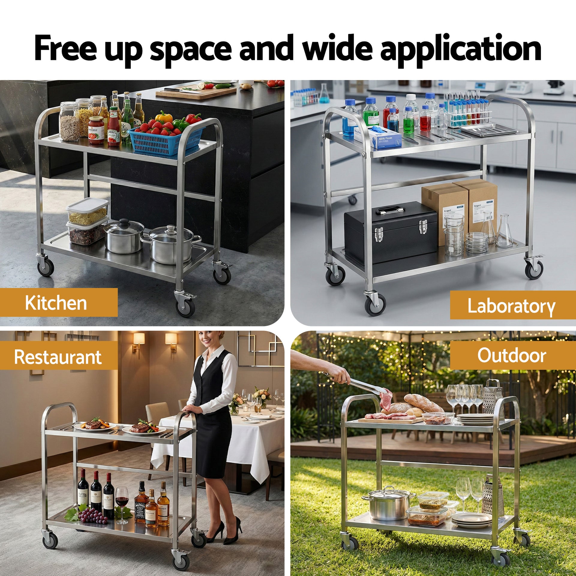Cefito 2-Tier Stainless Steel Kitchen Trolley with Wheels 84x56x98cm Awezingly