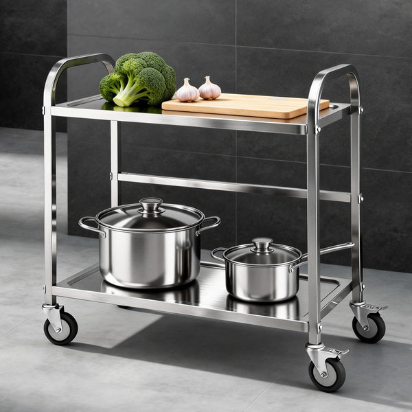 Cefito 2-Tier Stainless Steel Kitchen Trolley with Wheels 84x56x98cm Awezingly