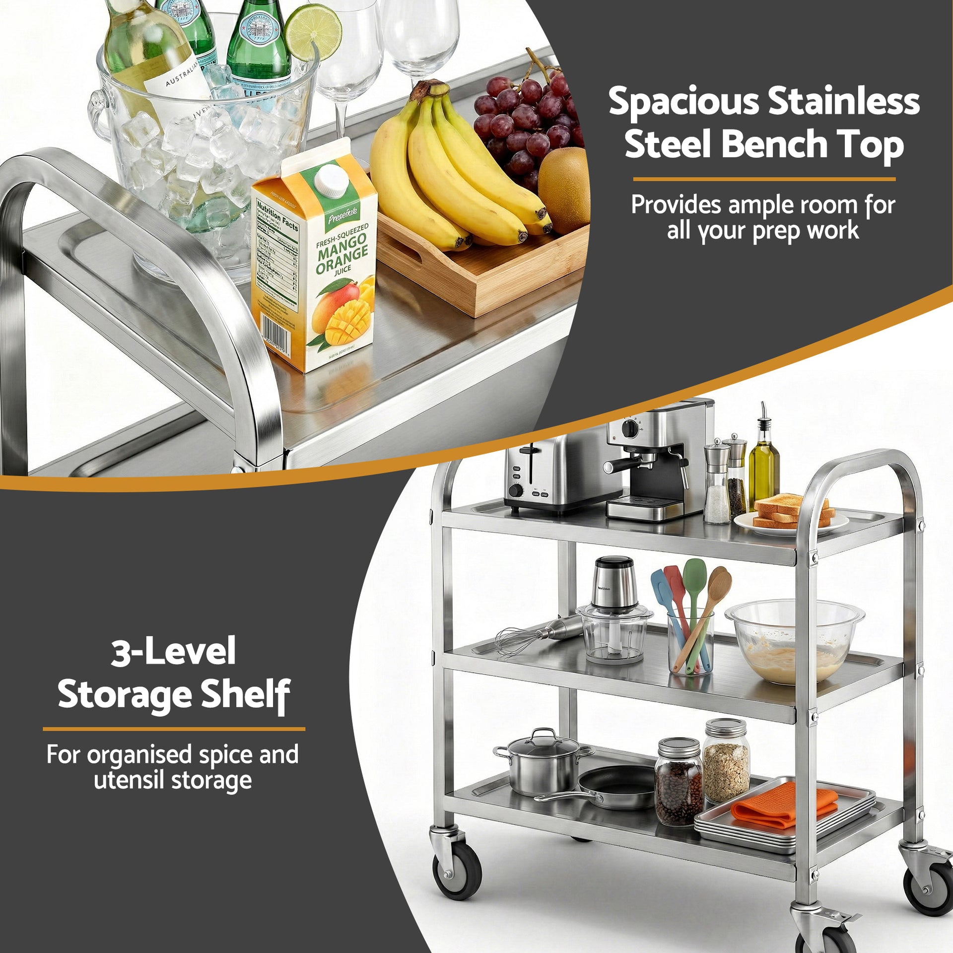 Cefito 3-Tier Stainless Steel Kitchen Trolley with Wheels 89X50X83cm Awezingly