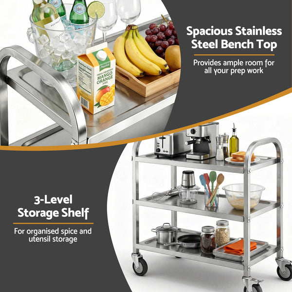 Cefito 3-Tier Stainless Steel Kitchen Trolley with Wheels 89X50X83cm Awezingly