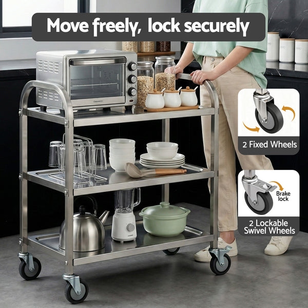 Cefito 3-Tier Stainless Steel Kitchen Trolley with Wheels 89X50X83cm Awezingly