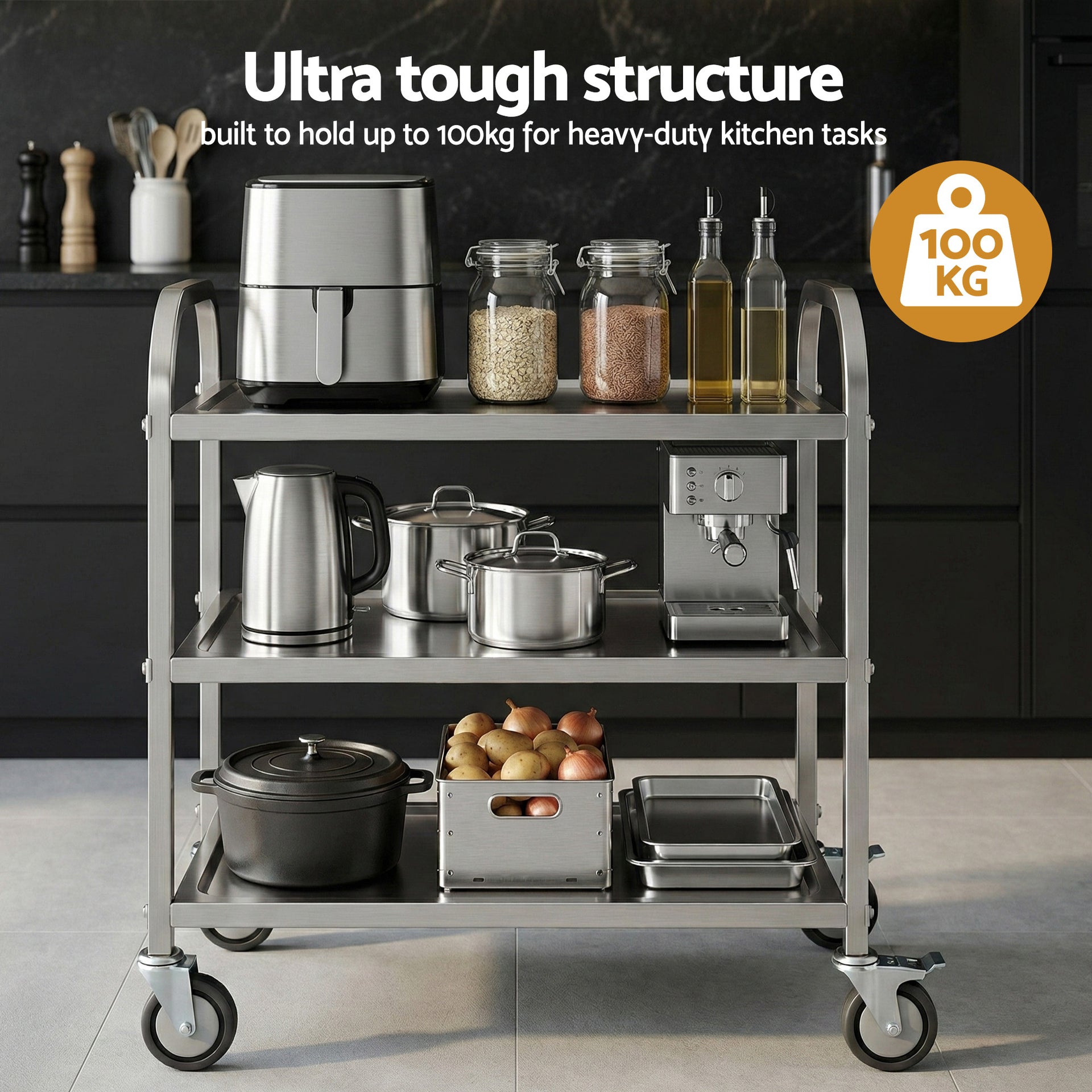 Cefito 3-Tier Stainless Steel Kitchen Trolley with Wheels 89X50X83cm Awezingly