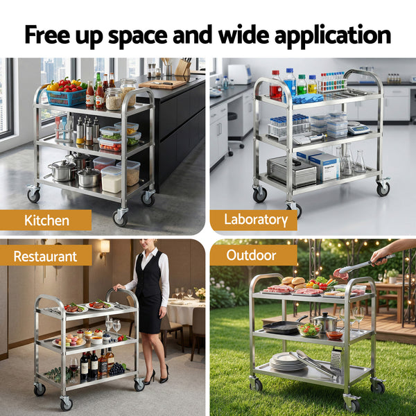 Cefito 3-Tier Stainless Steel Kitchen Trolley with Wheels 89X50X83cm Awezingly