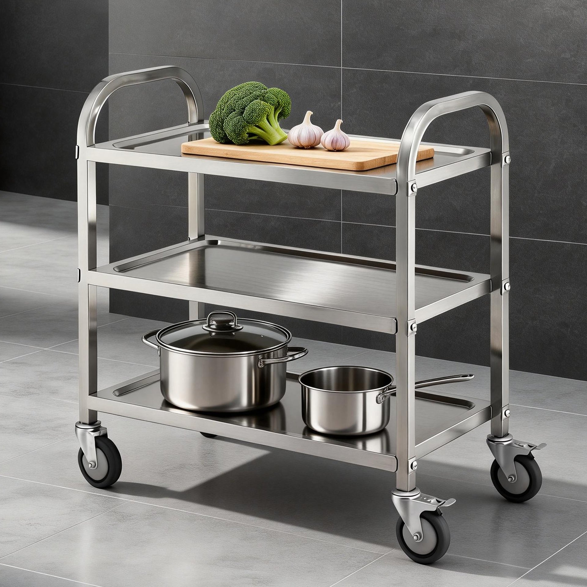 Cefito 3-Tier Stainless Steel Kitchen Trolley with Wheels 89X50X83cm Awezingly
