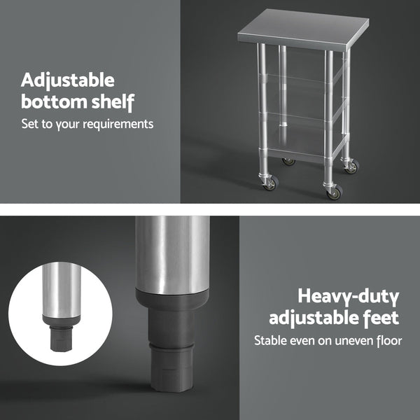 Cefito Stainless Steel Kitchen Benches Work Bench Wheels 61X46CM 430 Cefito