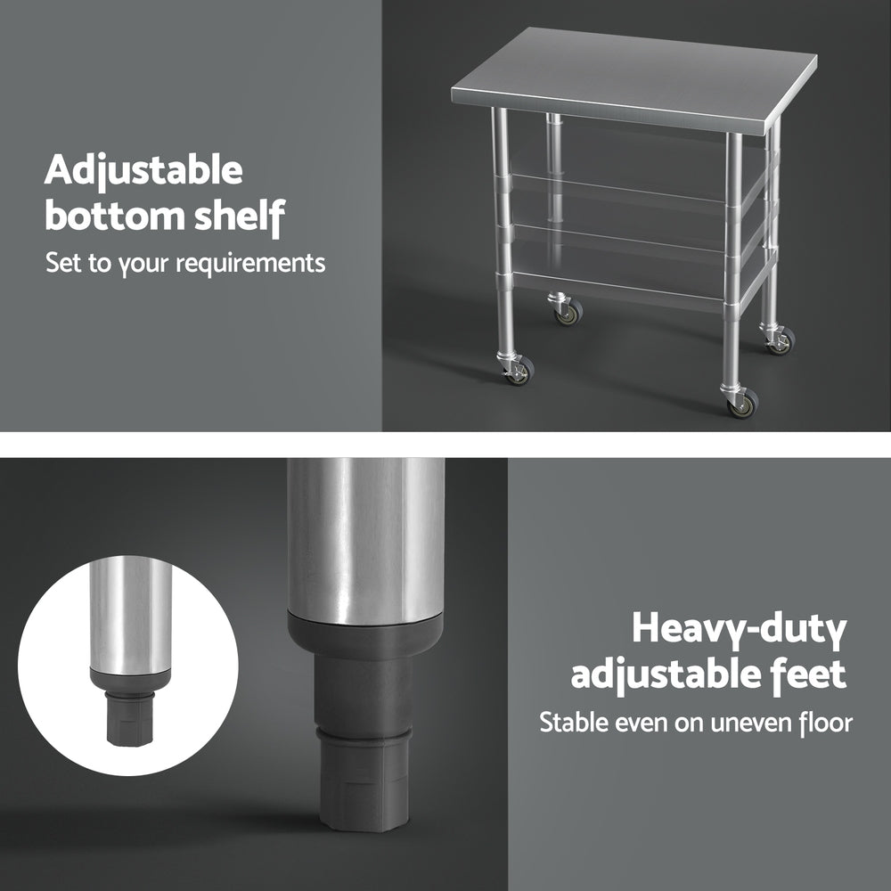 Cefito Stainless Steel Kitchen Benches Work Bench Wheels 91X61CM 430 Cefito