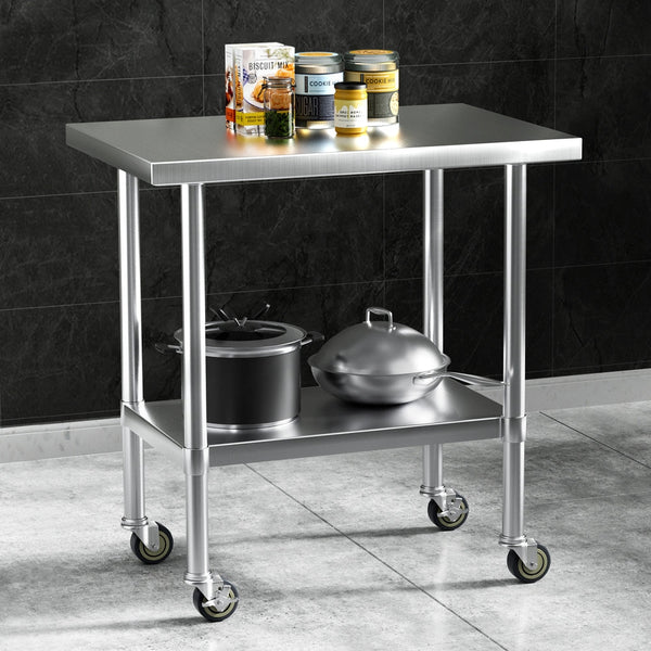 Cefito Stainless Steel Kitchen Benches Work Bench Wheels 91X61CM 430 Cefito