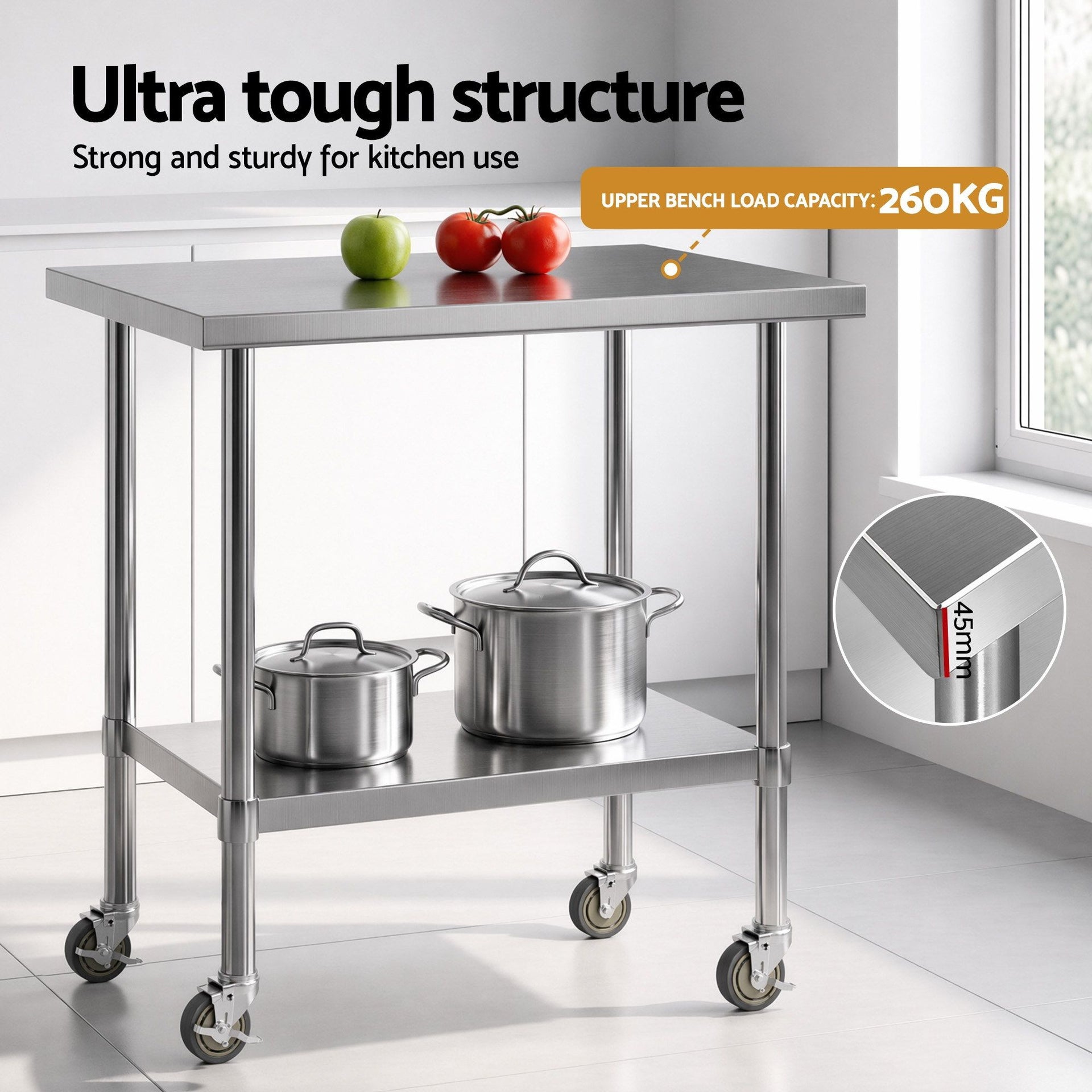 Cefito 914x762mm Stainless Steel Kitchen Bench w/ Splashback Work Table Prep Bench Commercial 430 Awezingly