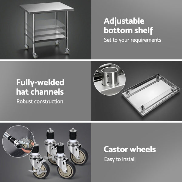 Cefito 914x762mm Stainless Steel Kitchen Bench w/ Splashback Work Table Prep Bench Commercial 430 Awezingly
