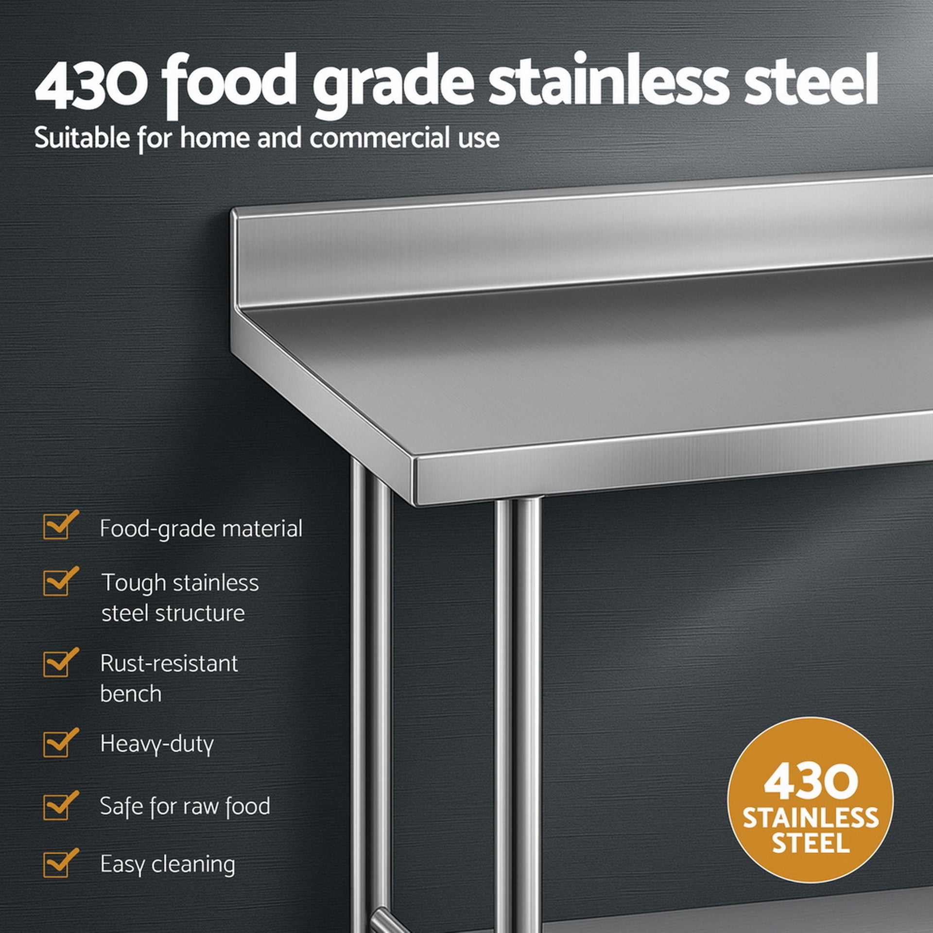 Cefito Stainless Steel Kitchen Bench w/ Splashback 1500x600MM 430 Awezingly