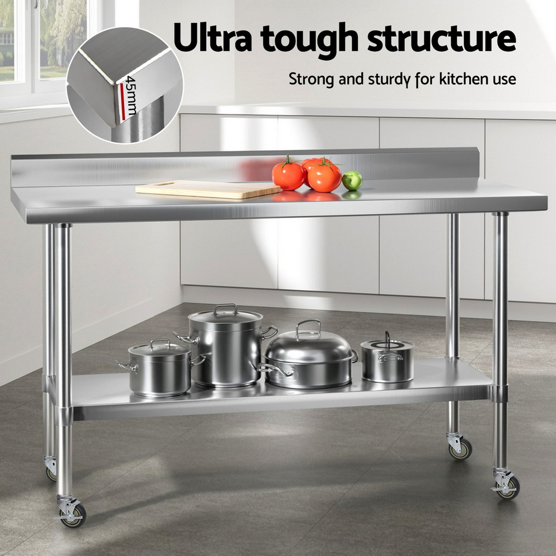 Cefito Stainless Steel Kitchen Bench w/ Splashback 1500x600MM 430 Awezingly
