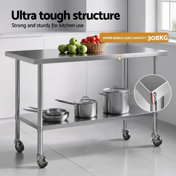 Cefito 1524x762mm Stainless Steel Kitchen Bench w/ Splashback Work Table Prep Bench Commercial 430 Cefito