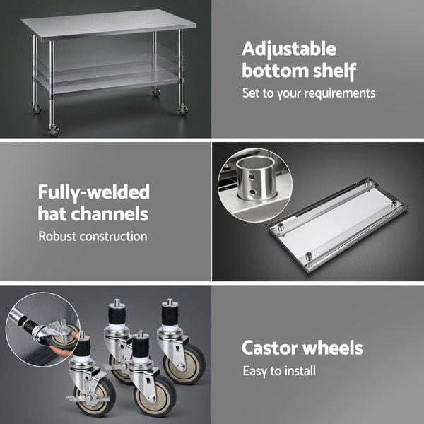Cefito 1524x762mm Stainless Steel Kitchen Bench w/ Splashback Work Table Prep Bench Commercial 430 Cefito
