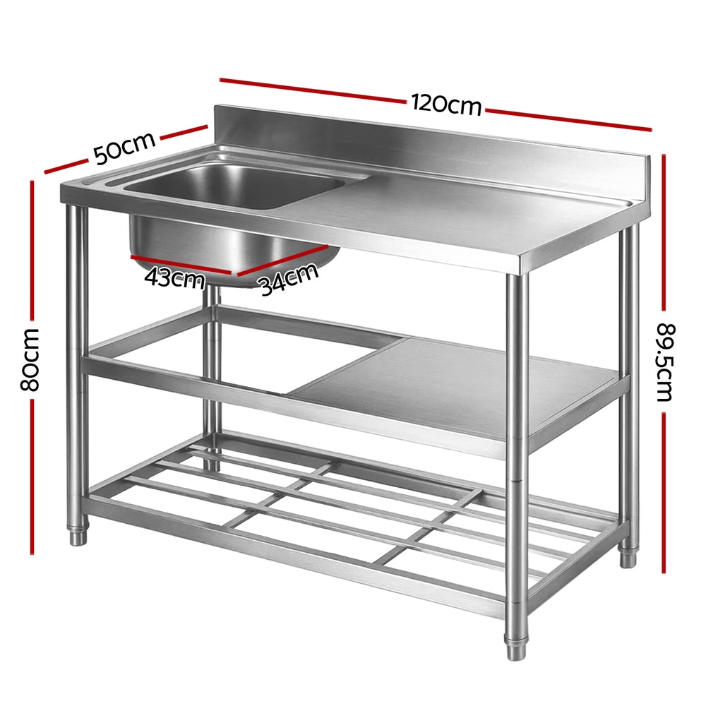 Cefito Stainless Steel Kitchen Bench Work Table with Sink Splashback 120cm Awezingly