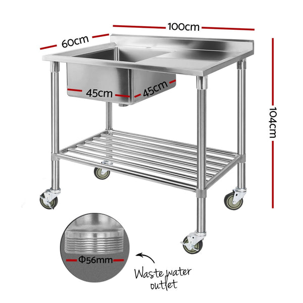 Cefito Stainless Steel Sink Bench Kitchen Work Benches Bowl Wheels 304 Cefito