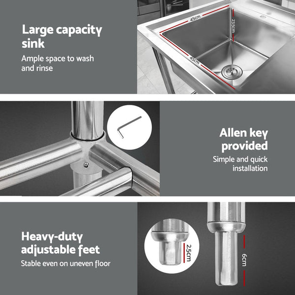 Cefito Stainless Steel Sink Bench Kitchen Work Benches Bowl Wheels 304 Cefito