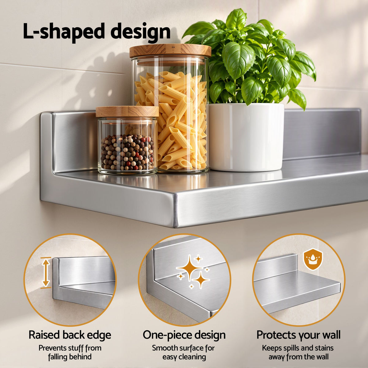 Cefito 610 x 220mm 430 Stainless Steel L-Shaped Kitchen Wall Shelf Awezingly