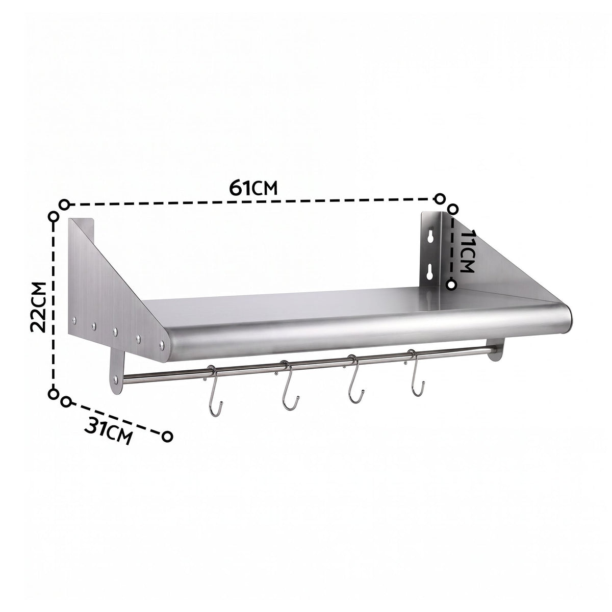 Cefito 610mm 430 Stainless Steel Wall Shelf with Hooks and Side Guards Awezingly