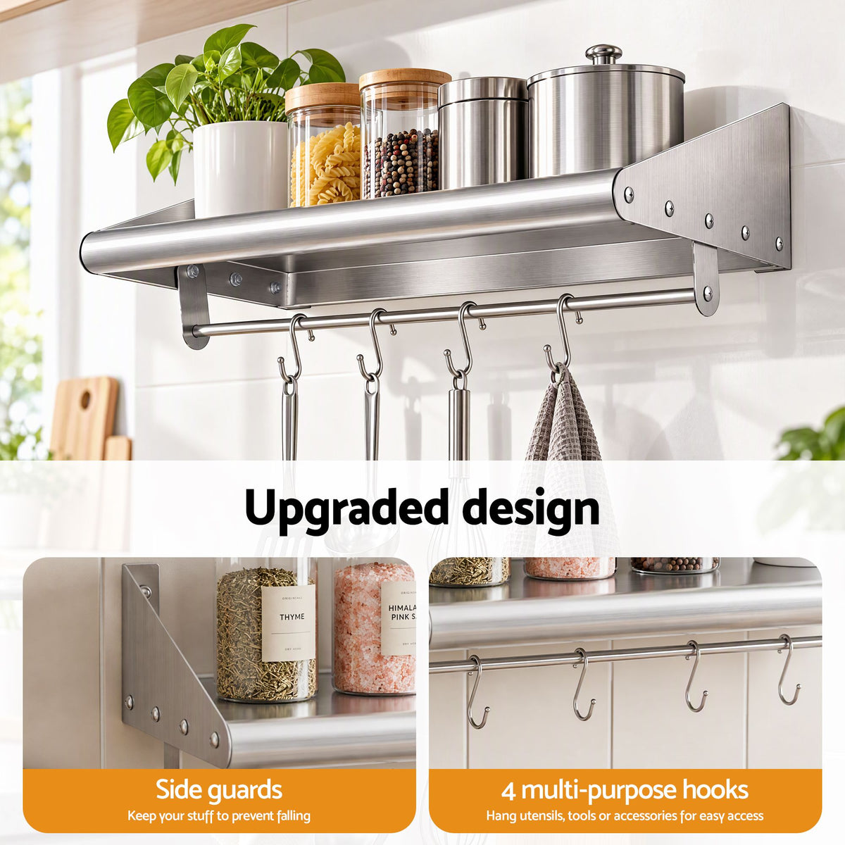 Cefito 610mm 430 Stainless Steel Wall Shelf with Hooks and Side Guards Awezingly