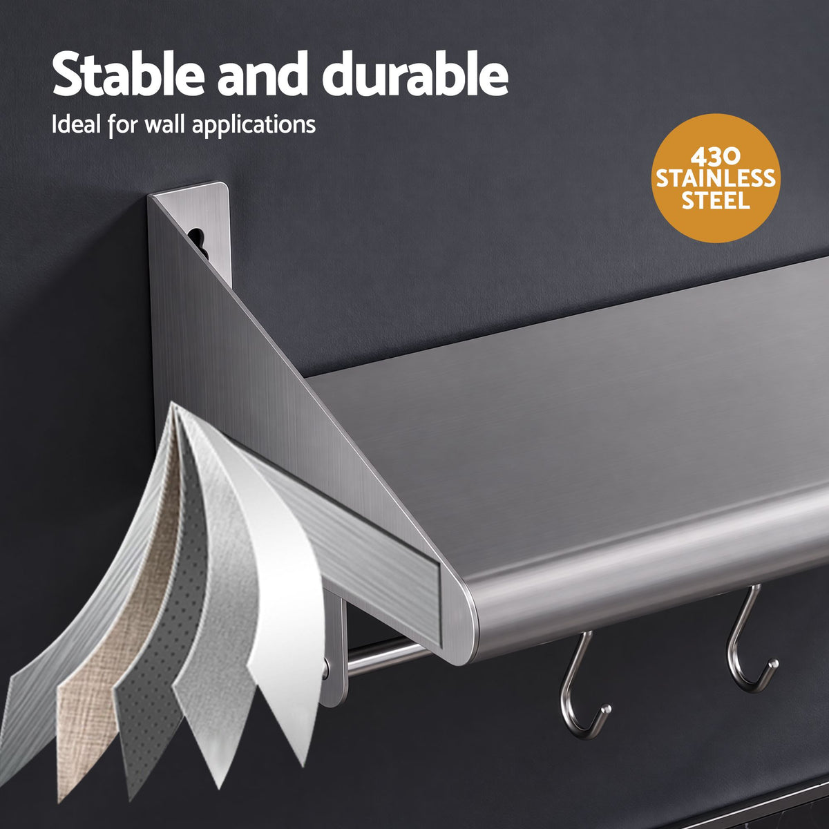 Cefito 610mm 430 Stainless Steel Wall Shelf with Hooks and Side Guards Awezingly