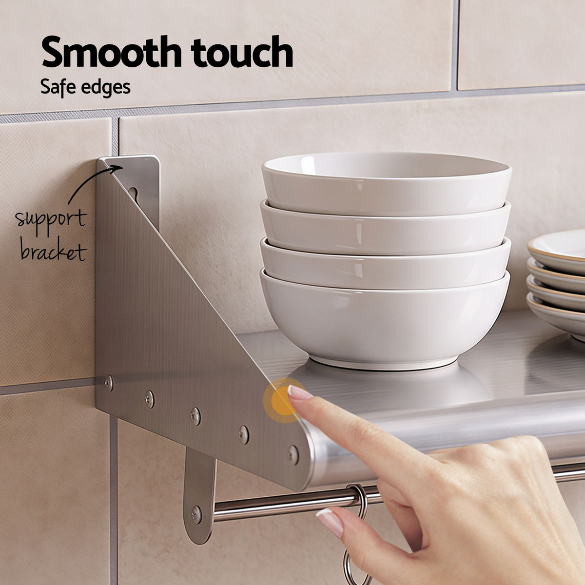 Cefito 610mm 430 Stainless Steel Wall Shelf with Hooks and Side Guards Awezingly
