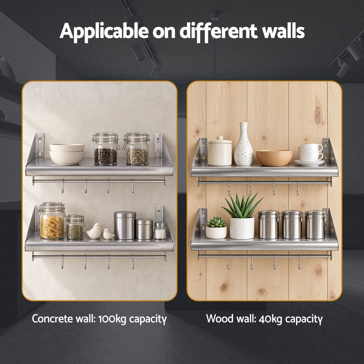 Cefito 610mm 430 Stainless Steel Wall Shelf with Hooks and Side Guards Awezingly