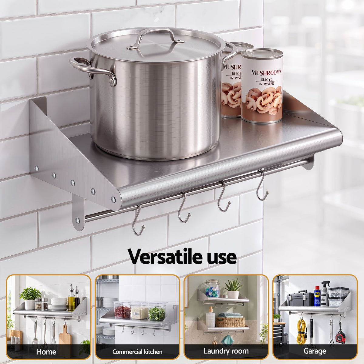 Cefito 610mm 430 Stainless Steel Wall Shelf with Hooks and Side Guards Awezingly