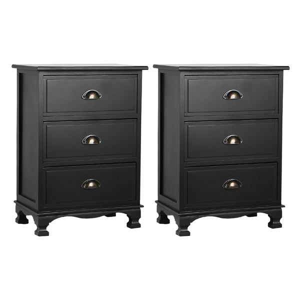 Artiss 2x Bedside Table 3 Drawers Vintage - THYME Black Artiss