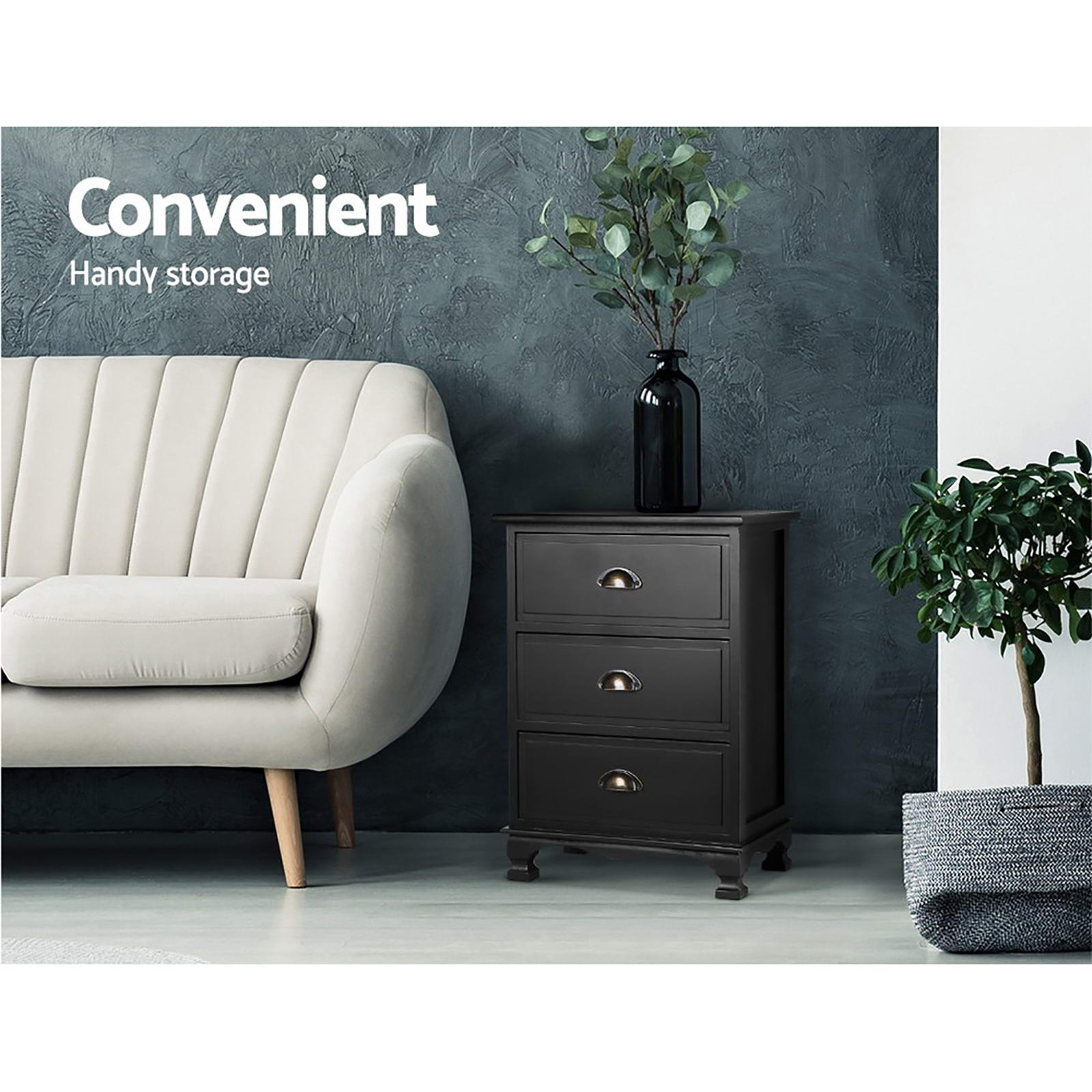 Artiss 2x Bedside Table 3 Drawers Vintage - THYME Black Artiss