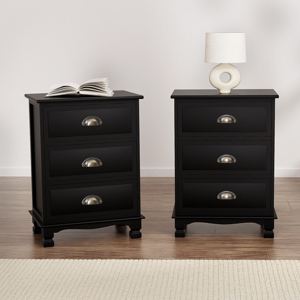 Artiss 2x Bedside Table 3 Drawers Vintage - THYME Black Artiss