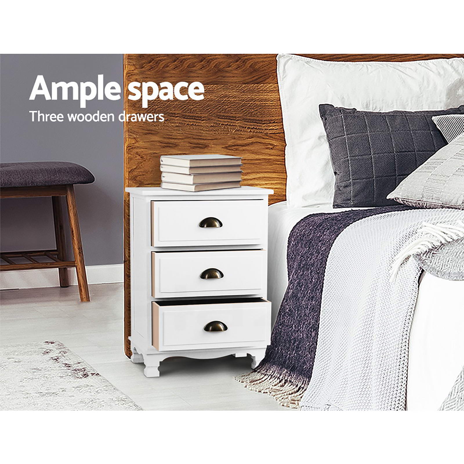Artiss 2x Bedside Table 3 Drawers Vintage - THYME White Artiss