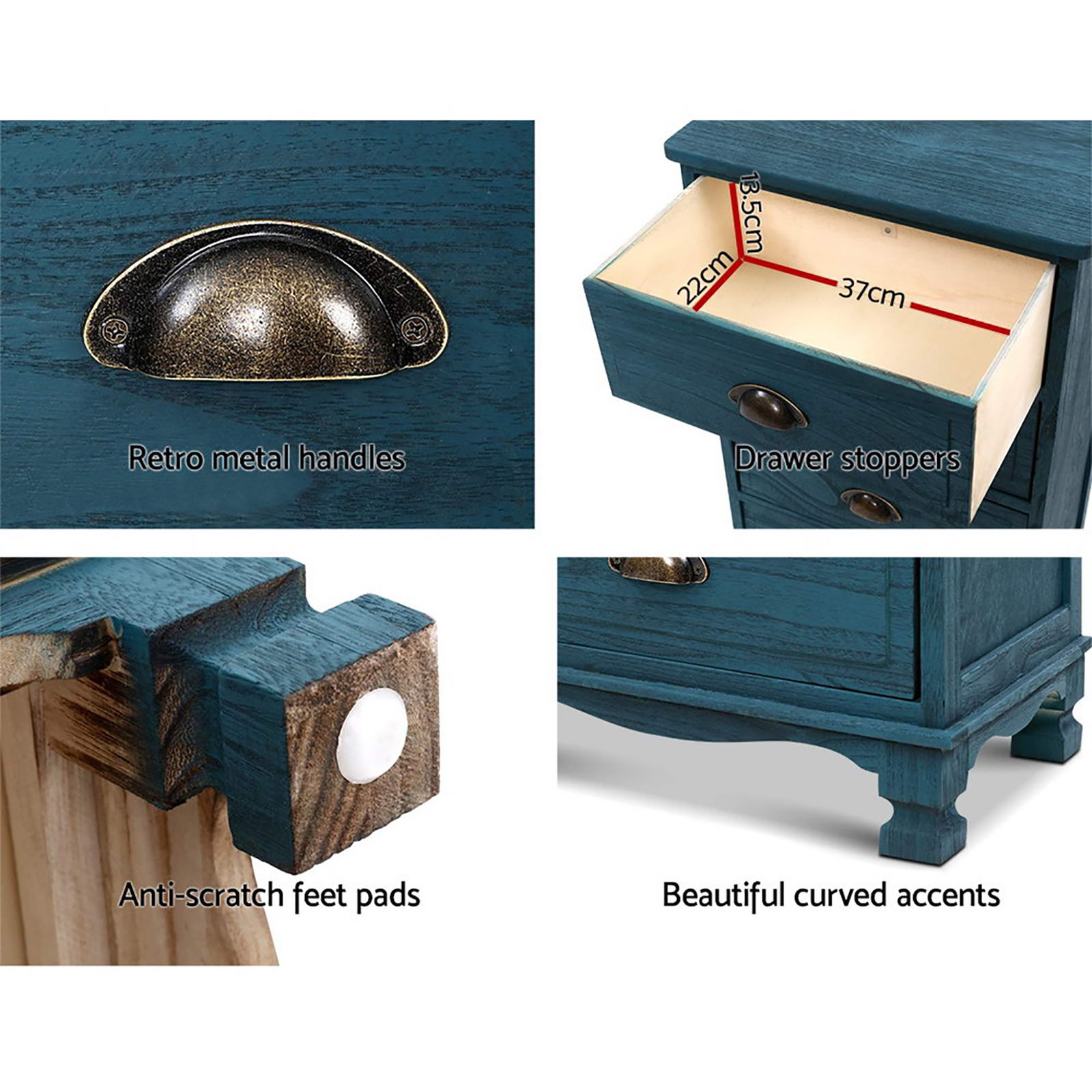 Artiss 2x Bedside Table 3 Drawers Vintage - THYME Blue Artiss