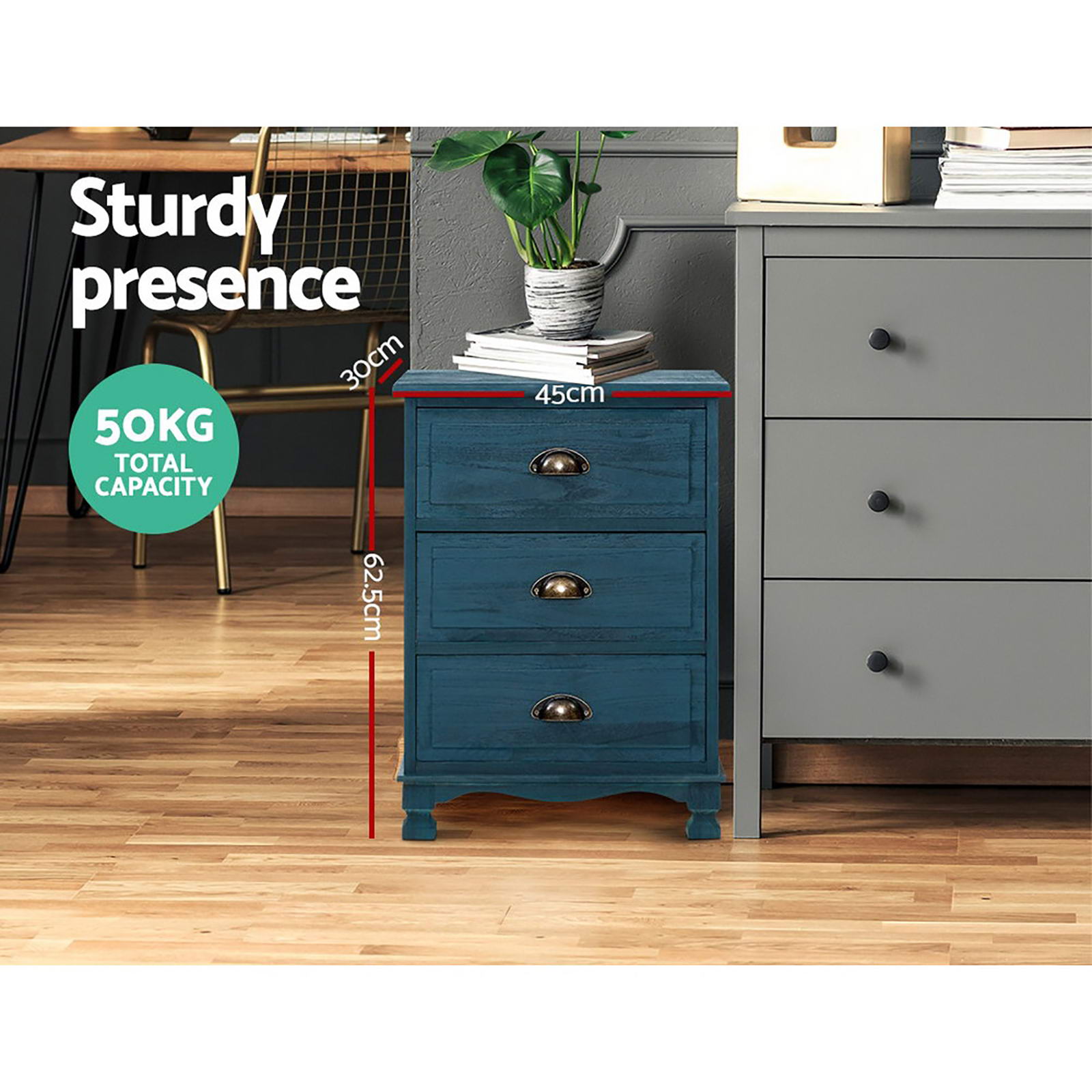Artiss 2x Bedside Table 3 Drawers Vintage - THYME Blue Artiss