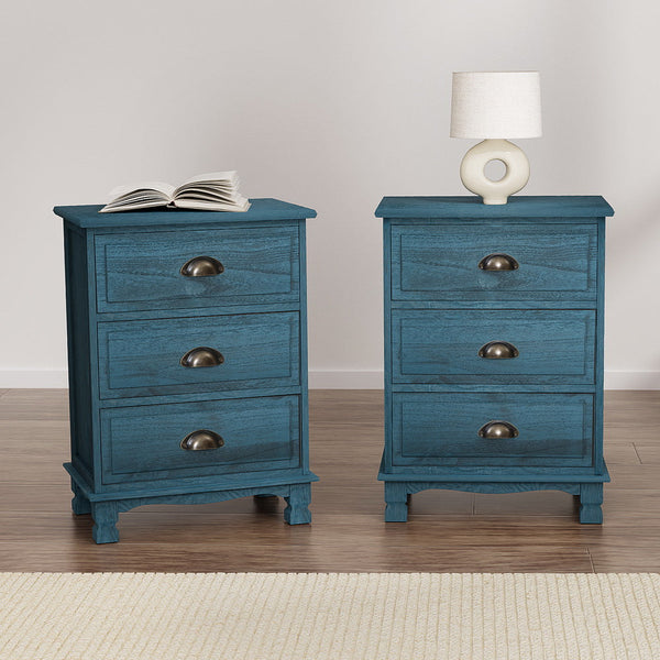 Artiss 2x Bedside Table 3 Drawers Vintage - THYME Blue Artiss