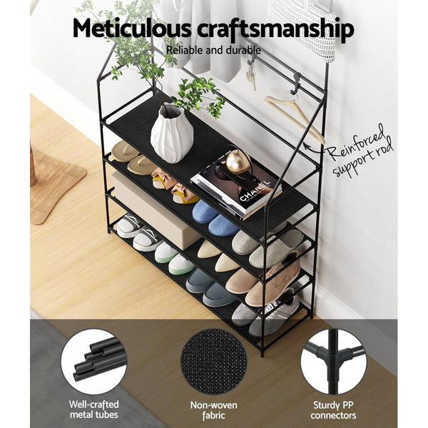 Artiss Shoe Rack Coat Hat Stand Hallway Shoes Storage Tree Metal Shelves Black Artiss