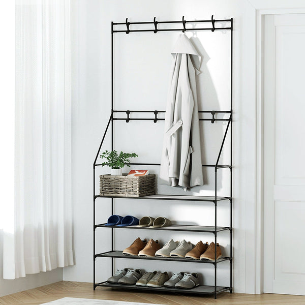 Artiss Shoe Rack Coat Hat Stand Hallway Shoes Storage Tree Metal Shelves Black Artiss