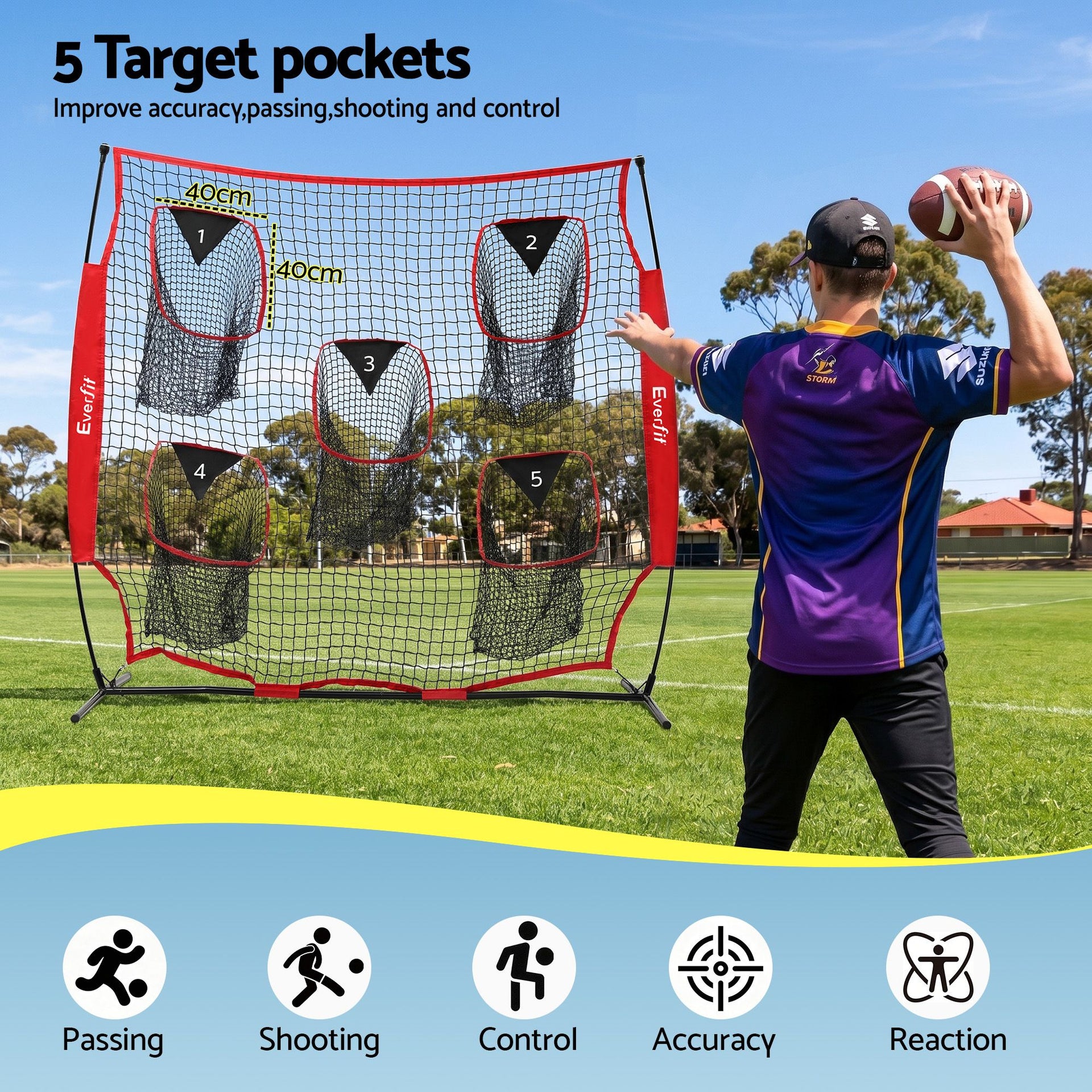 Everfit 1.8m Football Training Net 5 Target Portable Soccer Goal Nets Rebounder Everfit