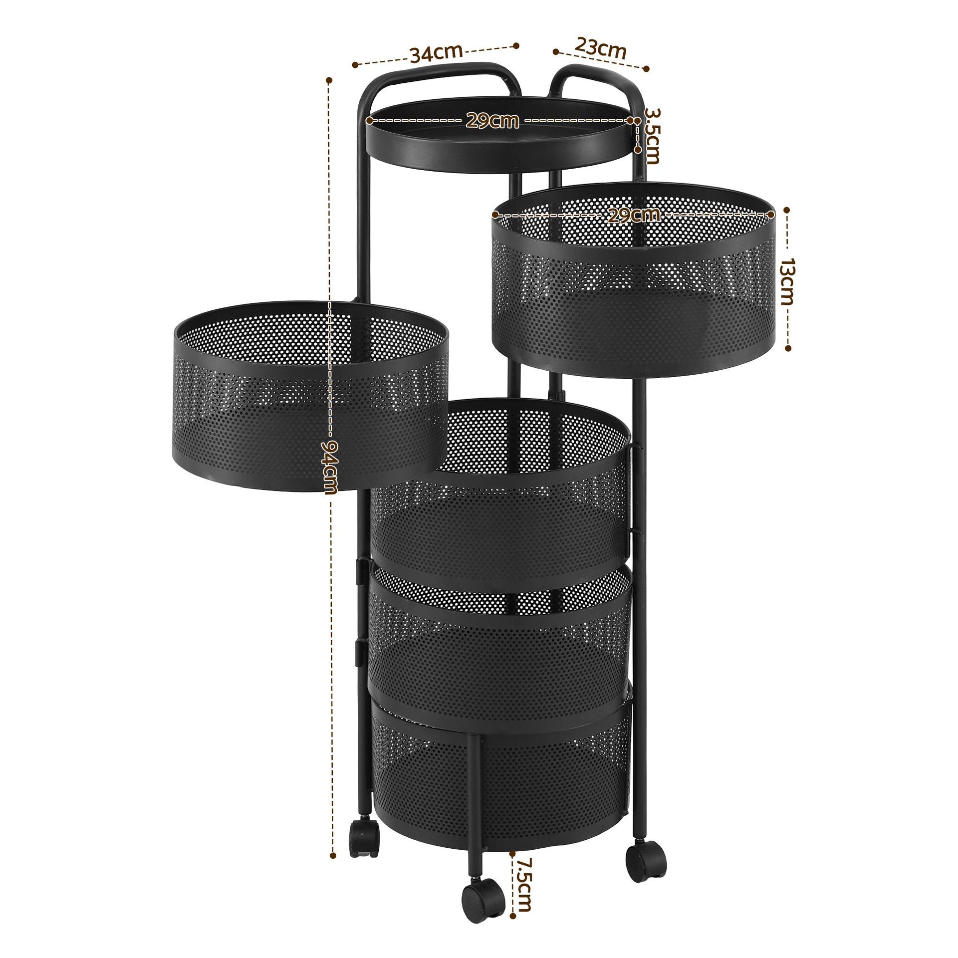 Artiss Storage Trolley Kitchen Cart 5 Tiers Storage Rack Round Basket Black Awezingly