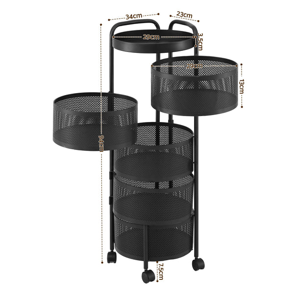 Artiss Storage Trolley Kitchen Cart 5 Tiers Storage Rack Round Basket Black Awezingly