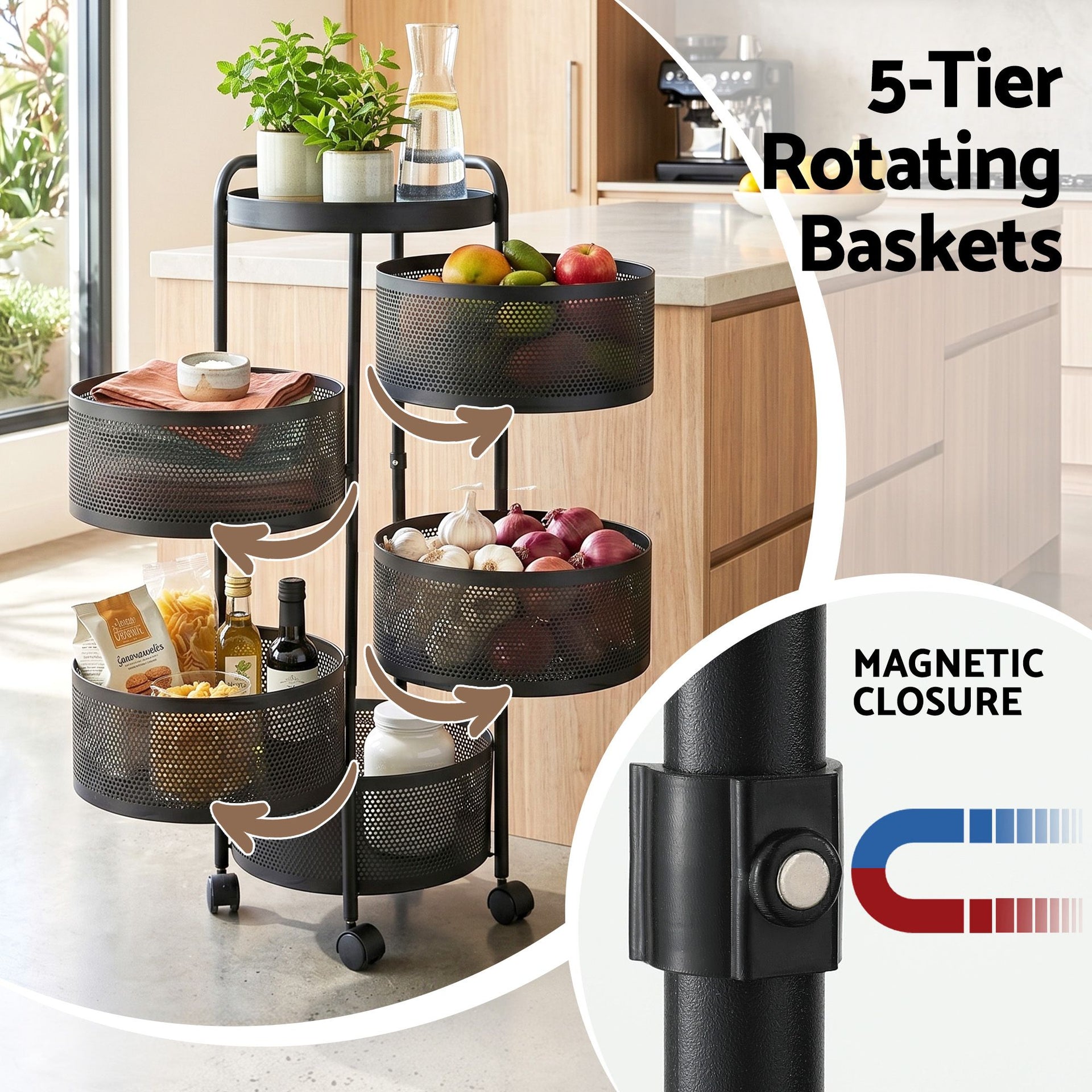 Artiss Storage Trolley Kitchen Cart 5 Tiers Storage Rack Round Basket Black Awezingly