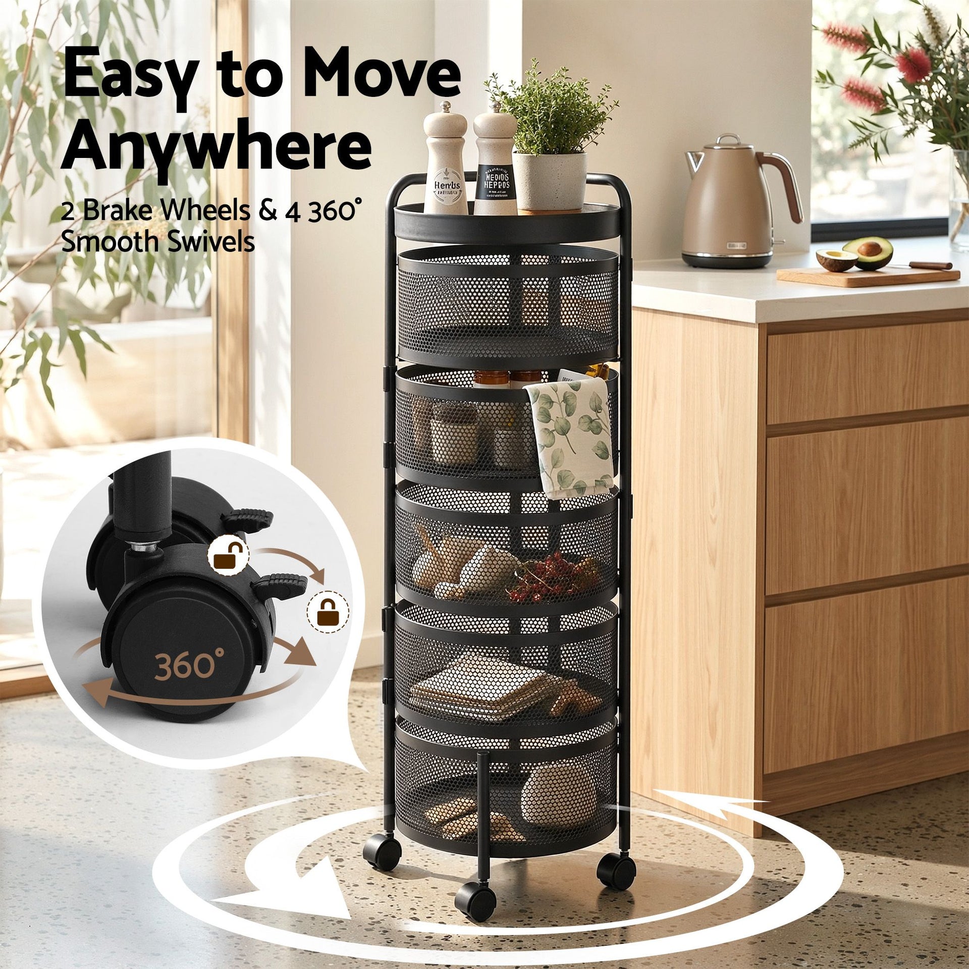 Artiss Storage Trolley Kitchen Cart 5 Tiers Storage Rack Round Basket Black Awezingly
