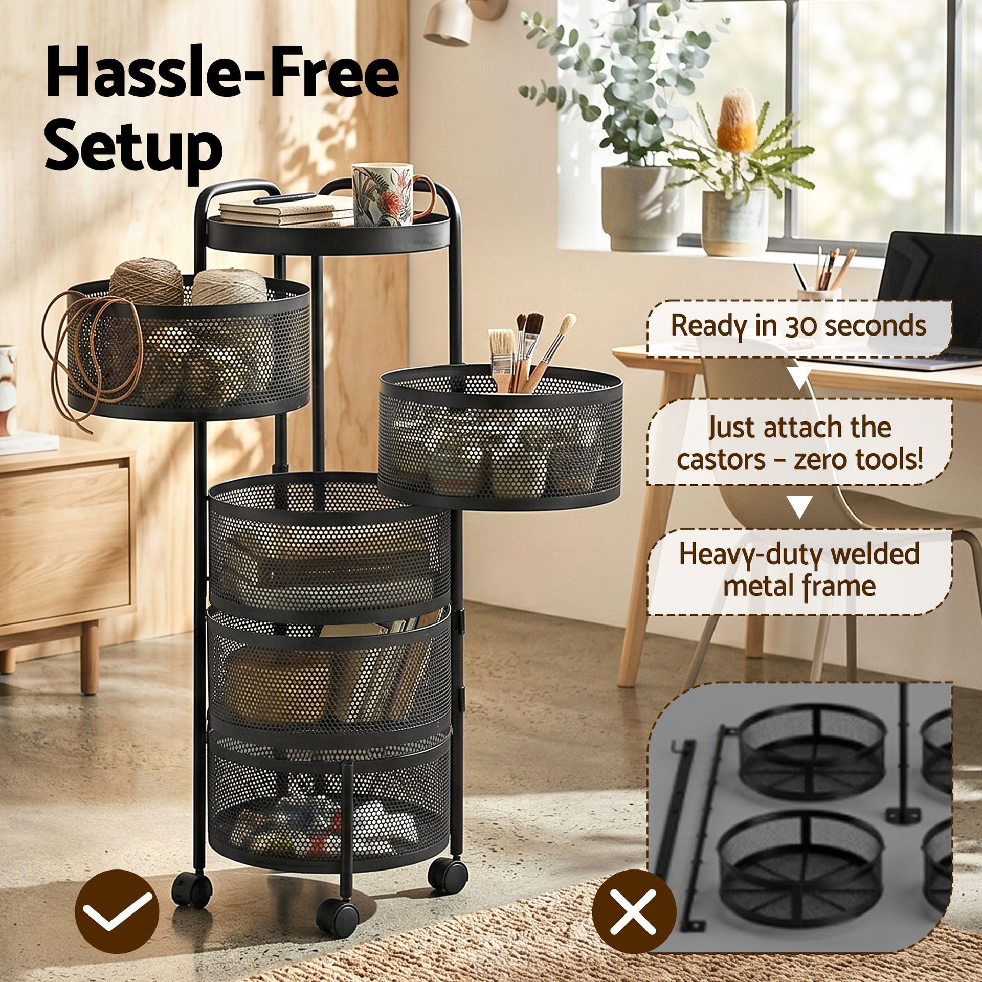 Artiss Storage Trolley Kitchen Cart 5 Tiers Storage Rack Round Basket Black Awezingly