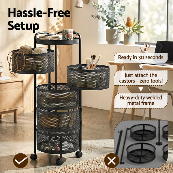 Artiss Storage Trolley Kitchen Cart 5 Tiers Storage Rack Round Basket Black Awezingly