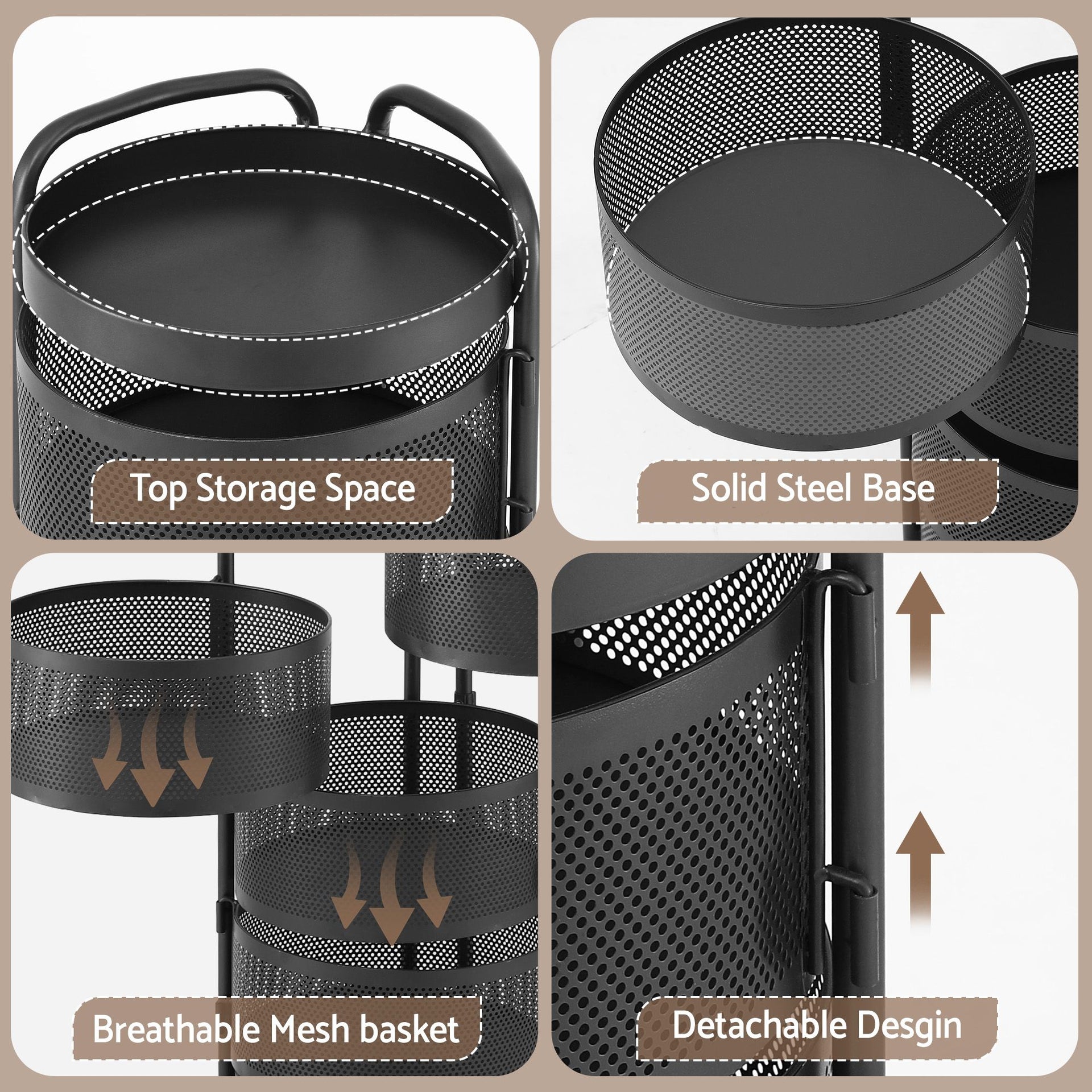 Artiss Storage Trolley Kitchen Cart 5 Tiers Storage Rack Round Basket Black Awezingly