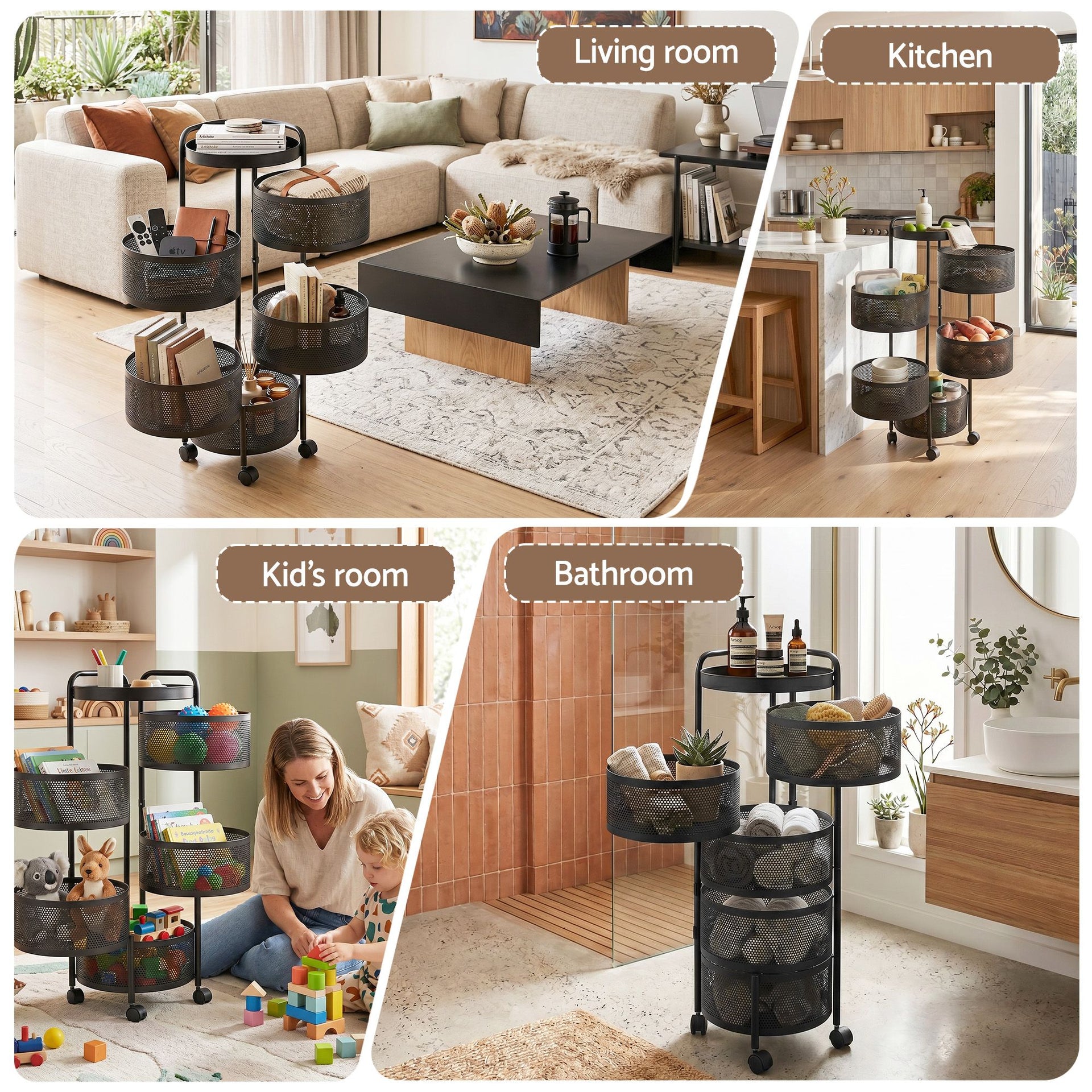 Artiss Storage Trolley Kitchen Cart 5 Tiers Storage Rack Round Basket Black Awezingly