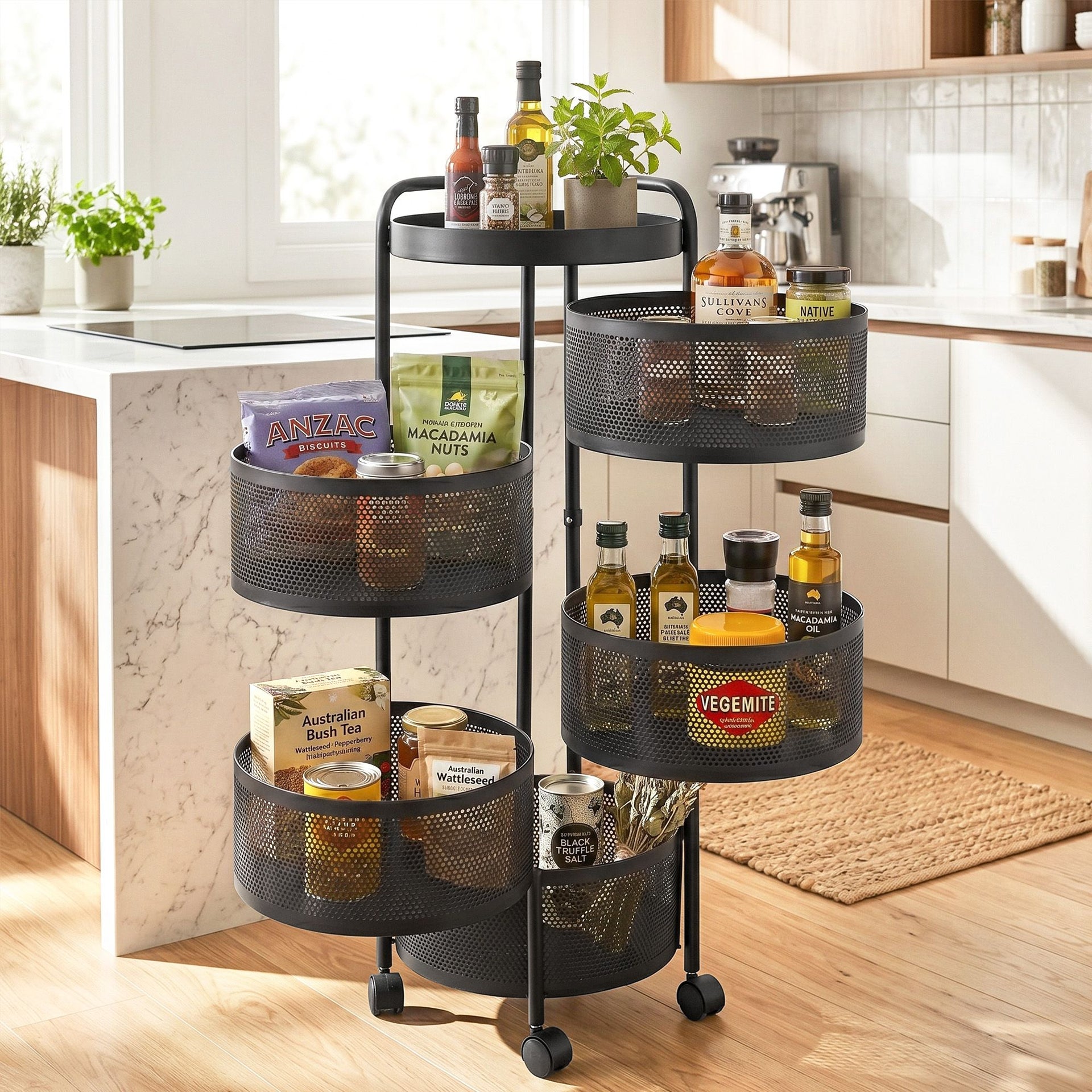 Artiss Storage Trolley Kitchen Cart 5 Tiers Storage Rack Round Basket Black Awezingly